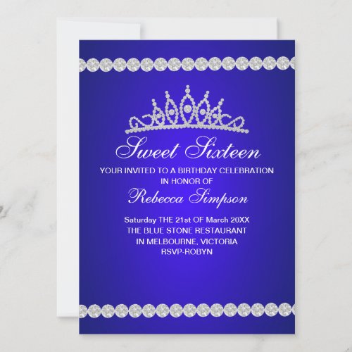Royal Blue Tiara Sweet Sixteen Birthday Invitation