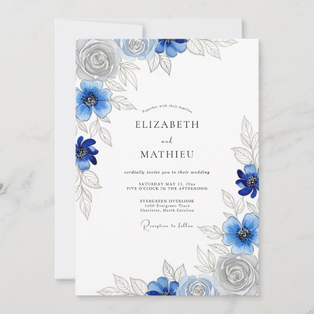 Royal Blue Timeless Floral Wedding Invitation (Front)