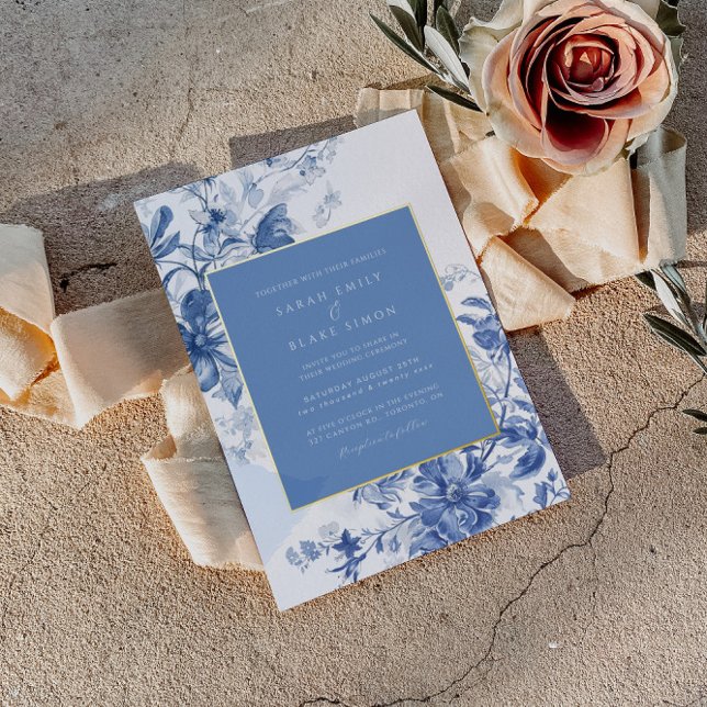 Royal Blue Toile Floral Foil Wedding Invitation (Creator Uploaded)