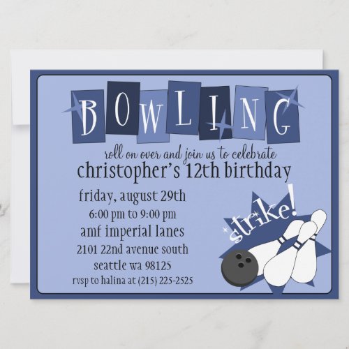 Royal Blue Totally Retro Bowling Birthday Party Invitation