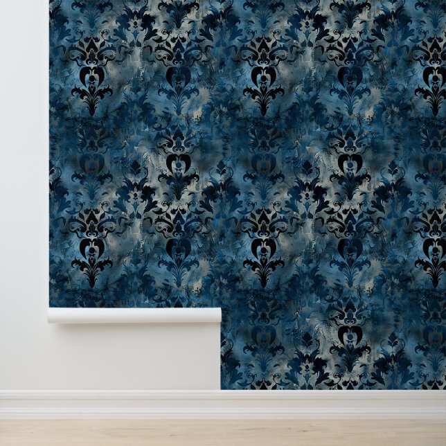 Royal blue trendy design damask luxury ornaments wallpaper  (Application)