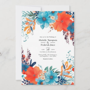 Royal Blue, Turquoise and Coral Floral Wedding Invitation