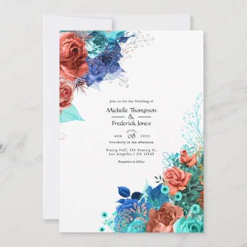 Royal Blue Turquoise and Coral Floral Wedding Invitation