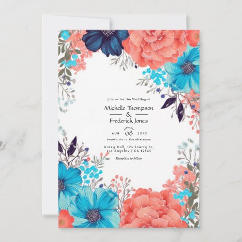 Royal Blue Turquoise and Coral Floral Wedding Invitation