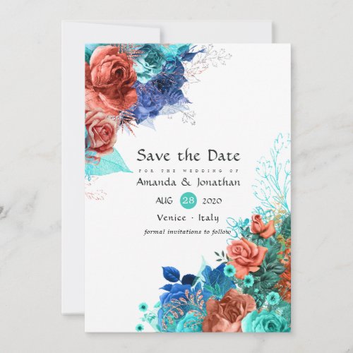Royal Blue Turquoise and Coral Floral Wedding Save The Date