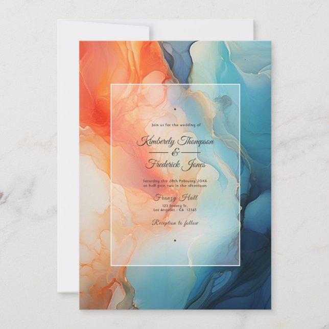 Royal Blue, Turquoise & Coral Alcohol Ink Wedding Invitation (Front)