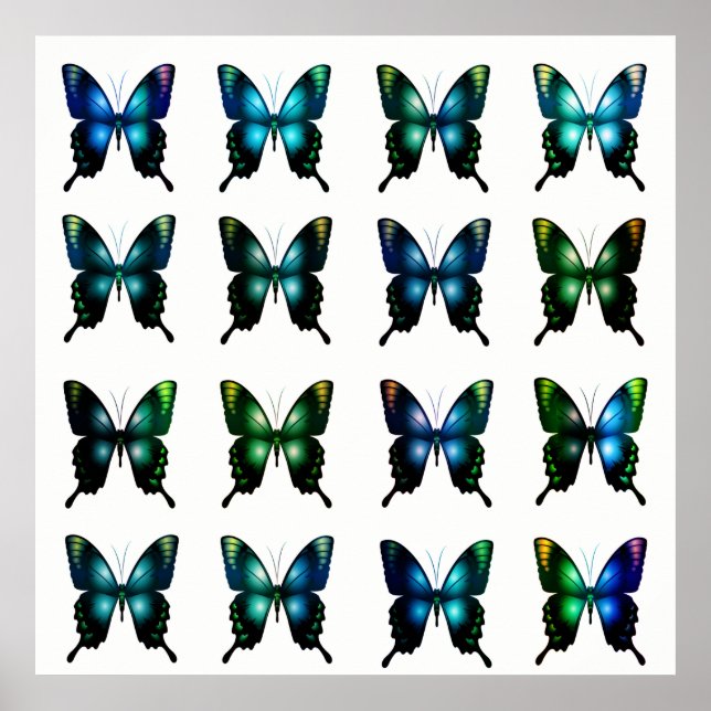 Royal Blue Turquoise Elegant Whimsical Butterflies Poster (Front)