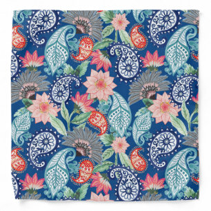 Royal Blue Turquoise Orange Floral Vintage Paisley Bandana