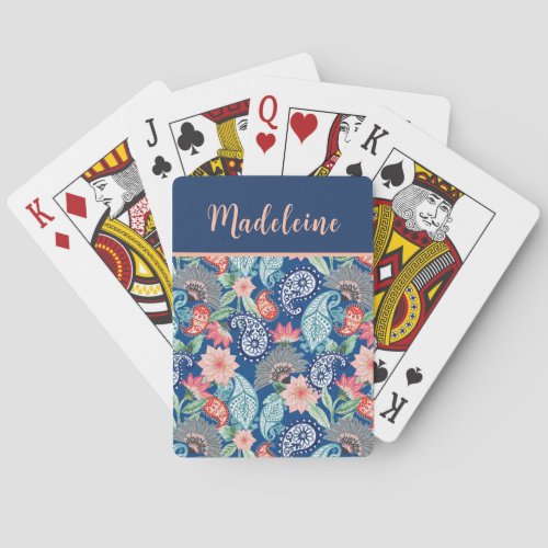 Royal Blue Turquoise Orange Floral Vintage Paisley Poker Cards