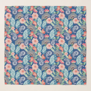 Royal Blue Turquoise Orange Floral Vintage Paisley Scarf