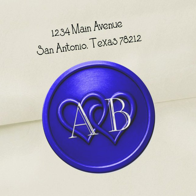 Royal Blue Two Hearts Silver Monogram Wedding Classic Round Sticker (Creator Uploaded)