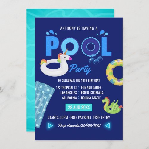 Royal Blue Unicorn and Dragon Pool Birthday Party Invitation