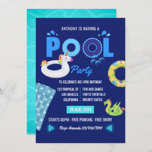 Royal Blue Unicorn and Dragon Pool Birthday Party Invitation