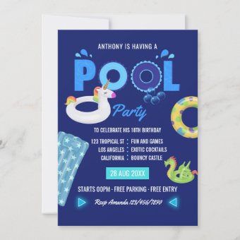 Royal Blue Unicorn and Dragon Pool Birthday Party Invitation | Zazzle