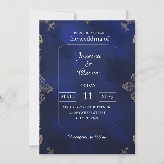 Royal Blue Velvet Background with Gold Filigree Invitation (Front)