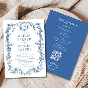 Royal Blue Victorian All in One QR Code Wedding Invitation