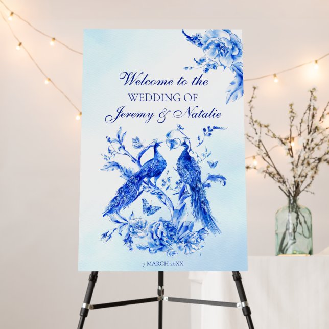 Royal blue victorian peacock watercolor wedding foam board (In Situ (Stand))