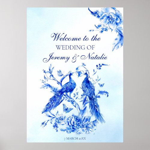 Royal blue victorian peacock watercolor wedding poster