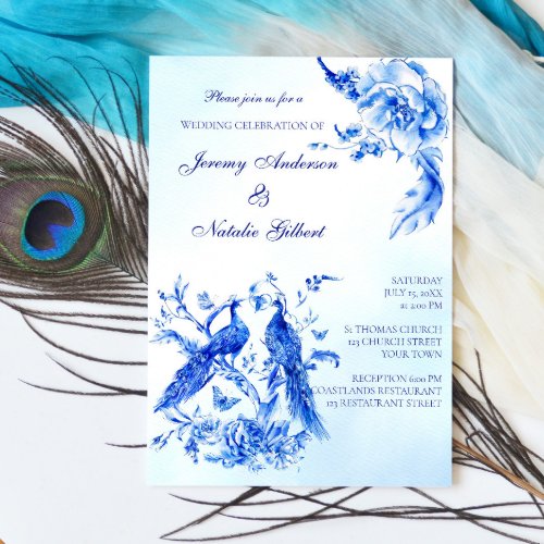 Royal blue victorian peacock  wedding invite 