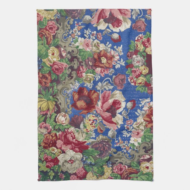 Royal Blue Victorian Rose Ornamental Pattern Kitchen Towel (Vertical)