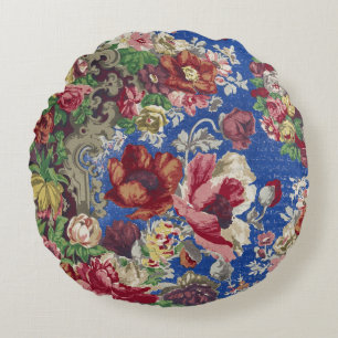Royal Blue Victorian Rose Ornamental Pattern Round Pillow