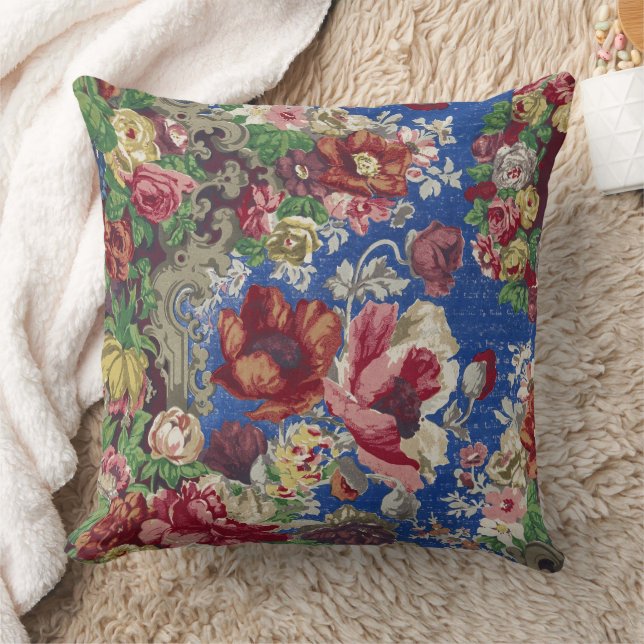 Royal Blue Victorian Rose Ornamental Pattern Throw Pillow (Blanket)