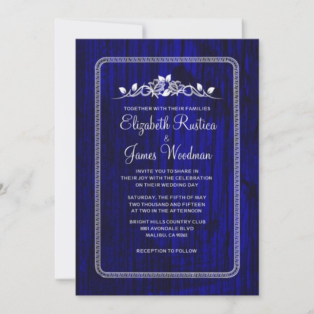 Royal Blue Vintage Barn Wood Wedding Invitations (Front)