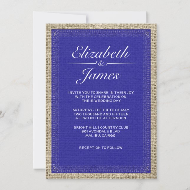 Royal Blue Vintage Burlap Wedding Invitations (Front)
