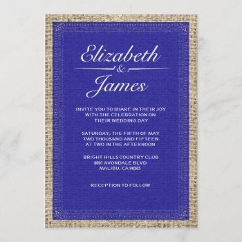 Royal Blue Vintage Burlap Wedding Invitations by topinvitations at Zazzle