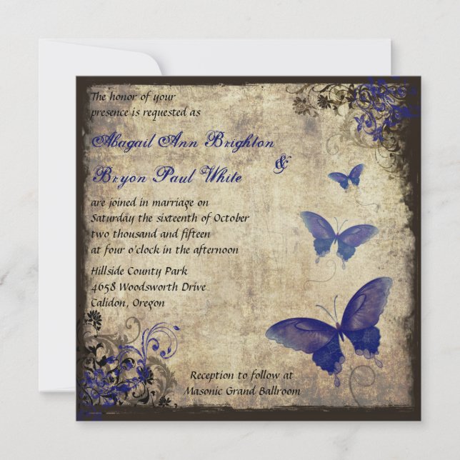 Royal Blue Vintage Butterfly Wedding Invitation (Front)