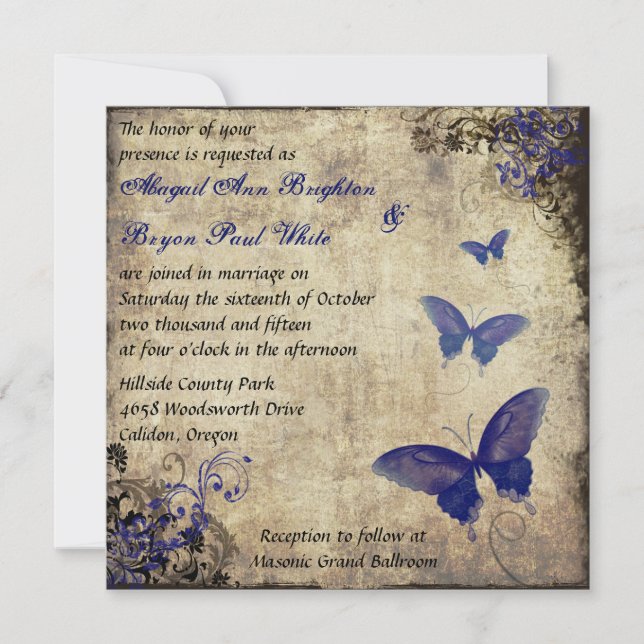Royal Blue Vintage Butterfly Wedding Invite 2 (Front)