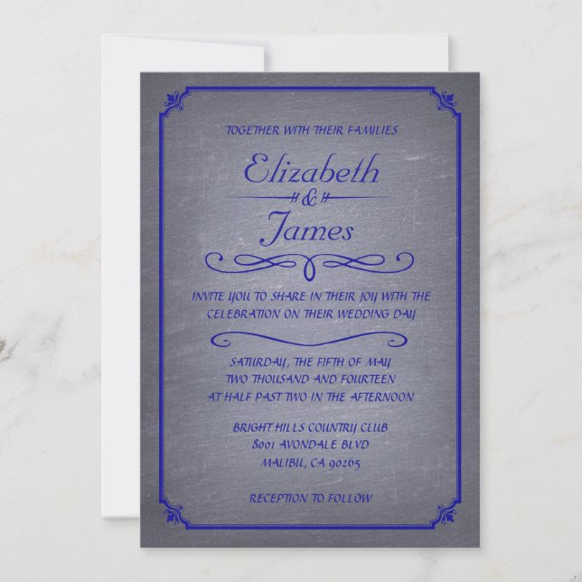 Royal Blue Vintage Chalkboard Wedding Invitations (Front)