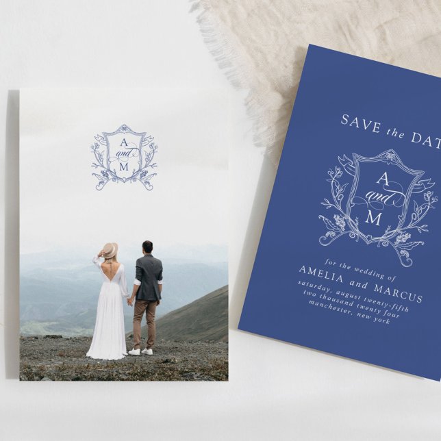 Royal Blue Vintage Crest Save the Date Invitation (Creator Uploaded)