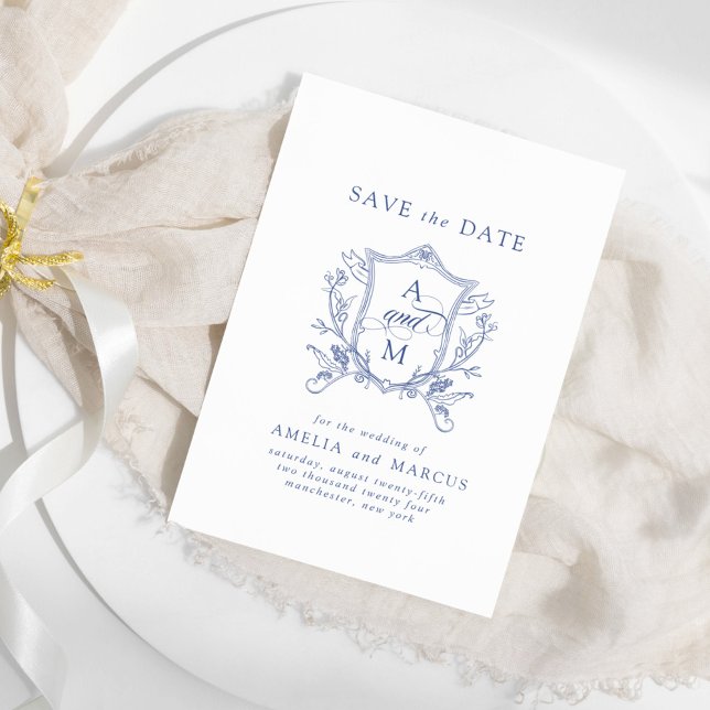 Royal Blue Vintage Crest Save the Date Invitation (Creator Uploaded)