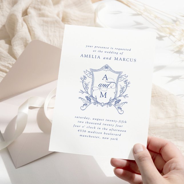 Royal Blue Vintage Crest Wedding Invitation (Creator Uploaded)