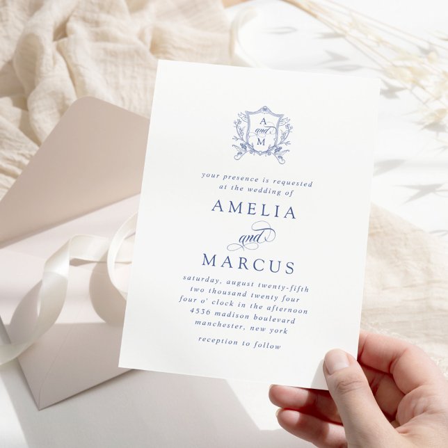Royal Blue Vintage Crest Wedding Invitation (Creator Uploaded)