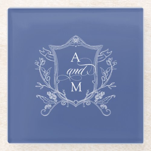 Royal Blue Vintage Crest Wedding Thank You Glass Coaster