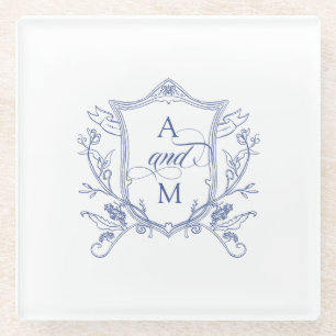 Royal Blue Vintage Crest Wedding Thank You Glass Coaster