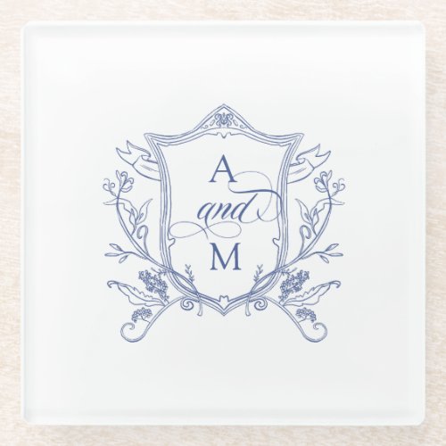 Royal Blue Vintage Crest Wedding Thank You Glass Coaster