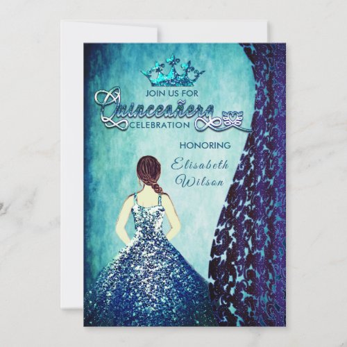 Royal blue vintage dress damask tiara Quinceaera  Invitation