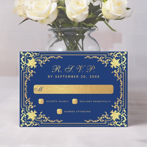 Royal Blue Vintage Elegant  Faux Gold Foil Wedding RSVP Card