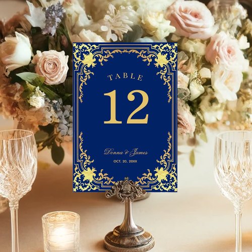 Royal Blue Vintage Elegant Faux Gold Foil Wedding Table Number