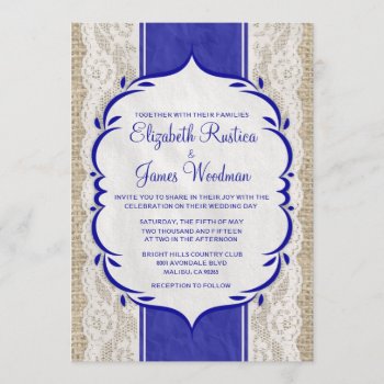 Royal Blue Vintage Linen Burlap Wedding Invitation by topinvitations at Zazzle
