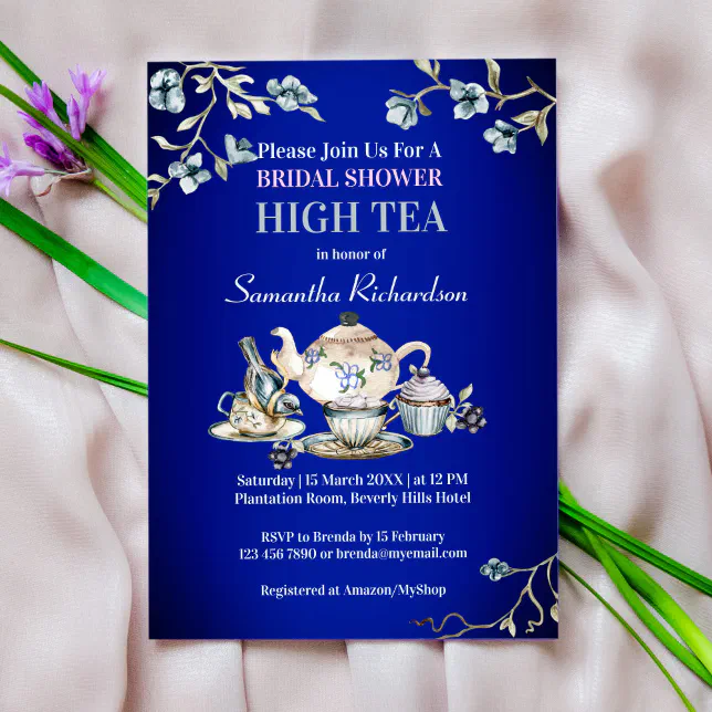 Royal blue vintage rustic watercolor high tea invitation | Zazzle