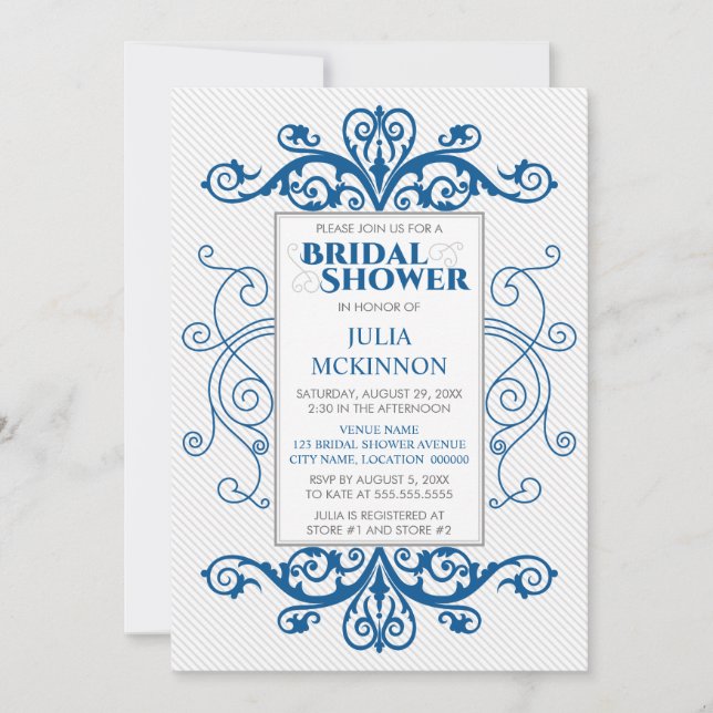 Royal Blue Vintage Swirls Bridal Shower Invitation (Front)