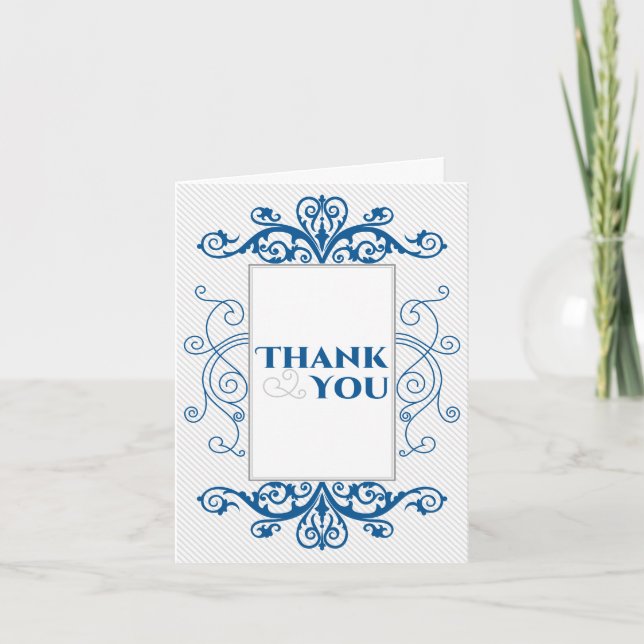 Royal Blue Vintage Swirls Wedding Thank You Card (Front)