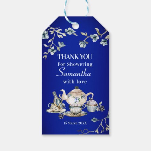 Royal blue vintage watercolor high tea thank you  gift tags