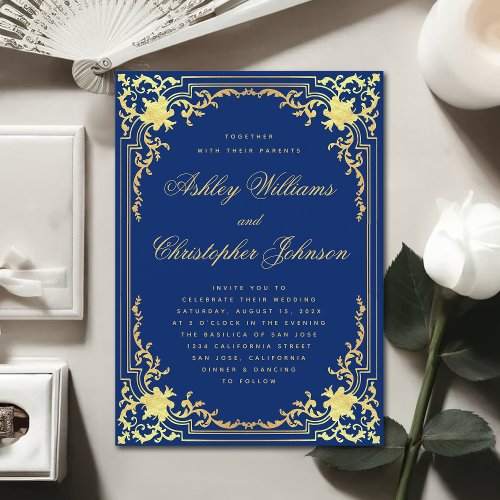 Royal Blue Vintage Wedding Faux Gold Foil Elegant Invitation