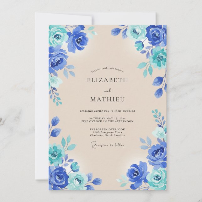 Royal Blue Vivid Watercolor Wedding Invitation (Front)