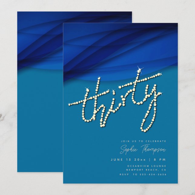 Royal Blue Voile Rhinestones Elegant 30th Birthday Invitation (Front/Back)